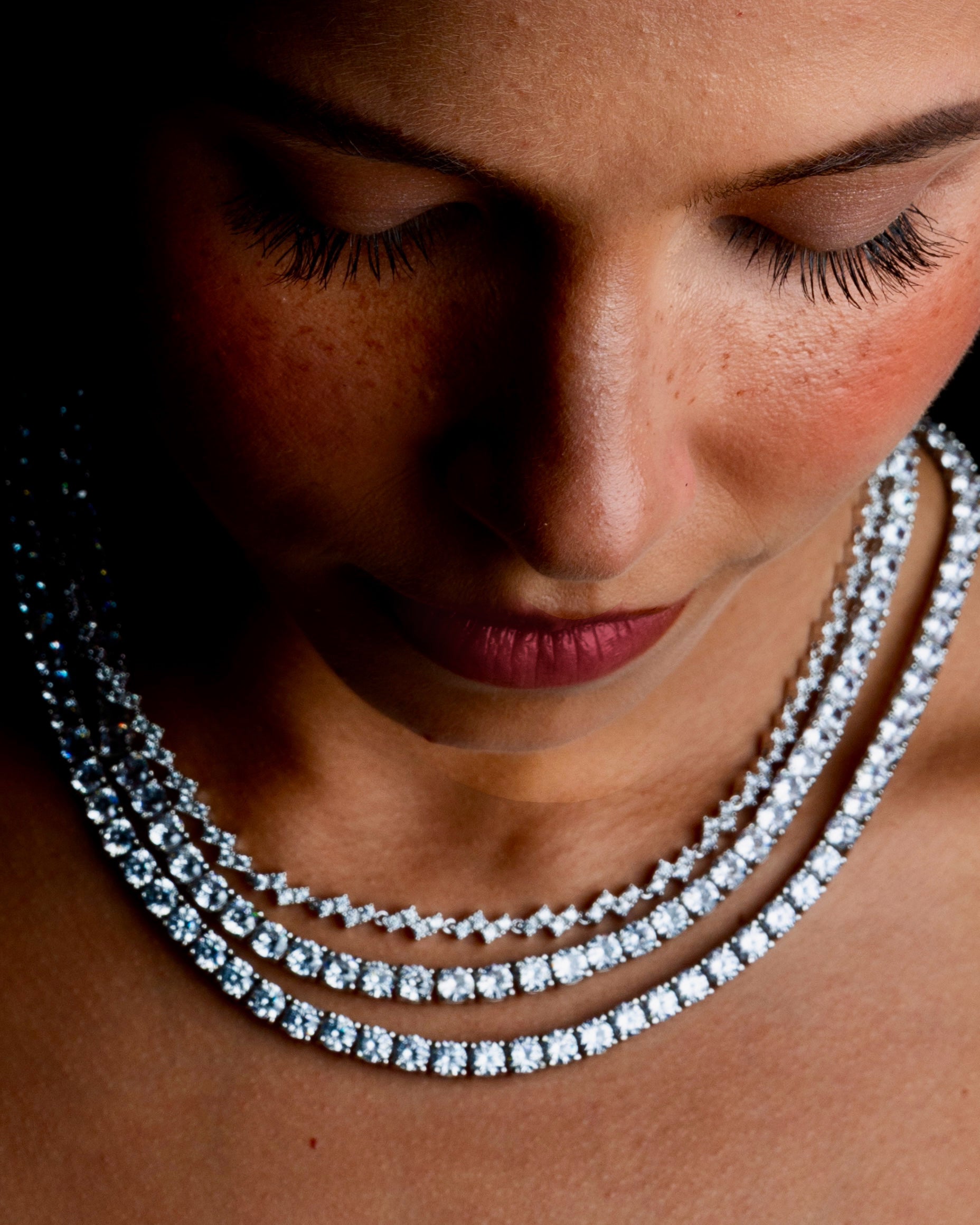 Cornelia Riviere Old Hollywood It Girl Necklace featuring 84 round-cut simulated diamonds set in sterling silver, 18-inch length for bold elegance