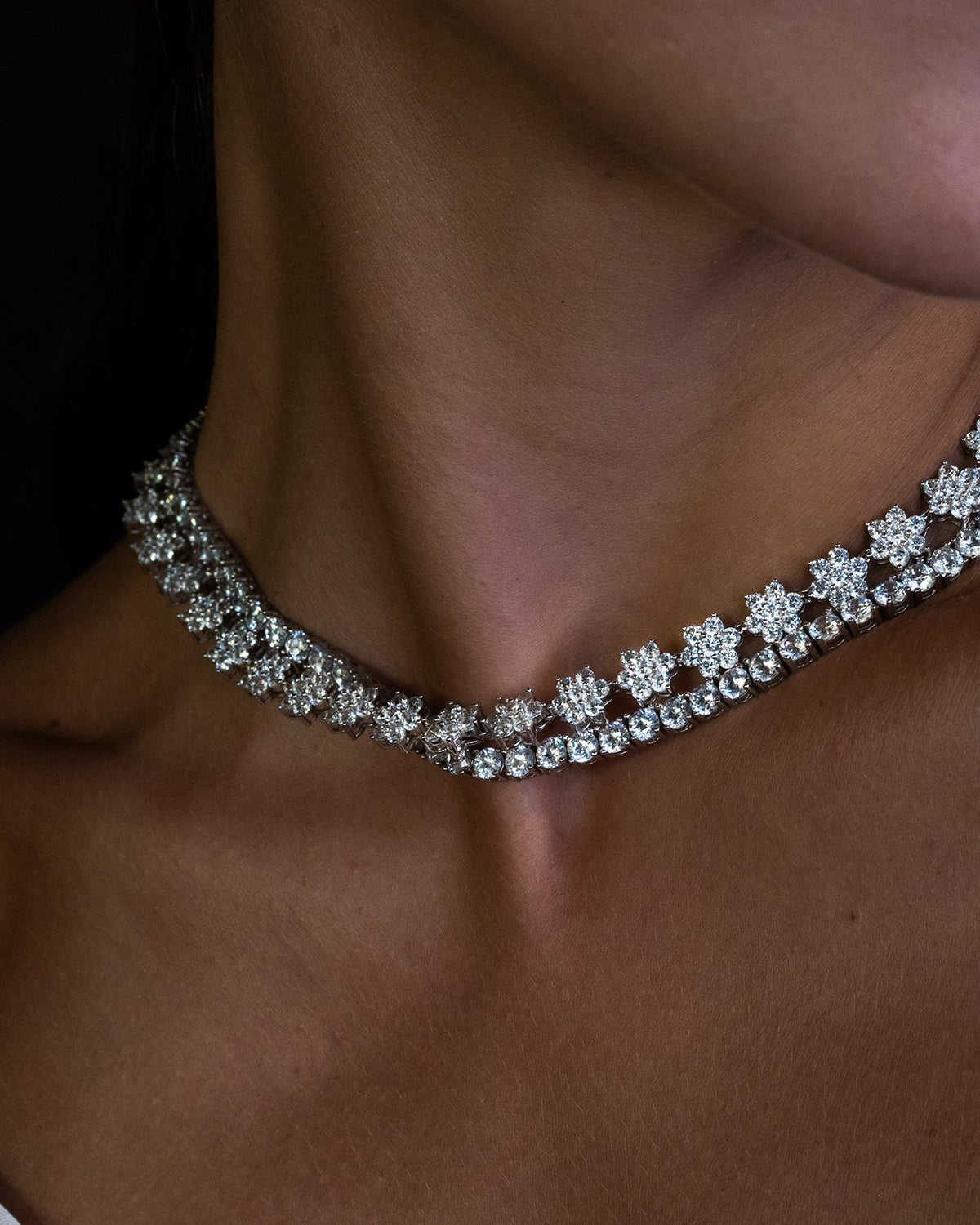 Brigitte Fleur floral design and Irene Rivières in refined silver, precision-cut stones sparkling like diamonds Old Hollywood/It girl jewelry by Godfrey Allure/Allyure stones