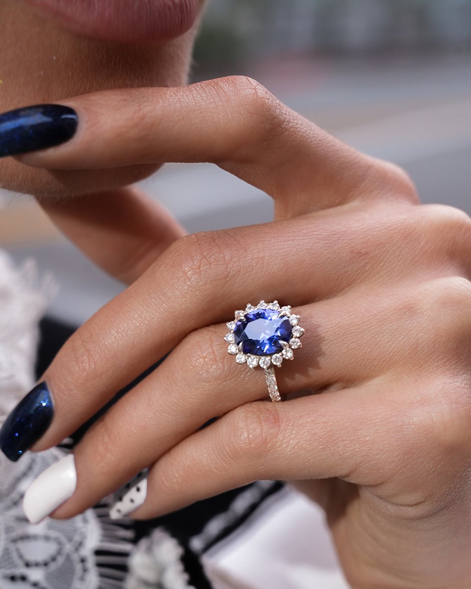 Gardenia Noir Sapphire Halo Ring - Godfrey Allure | Old Hollywood Sterling Silver Jewelry & Rivière Necklaces