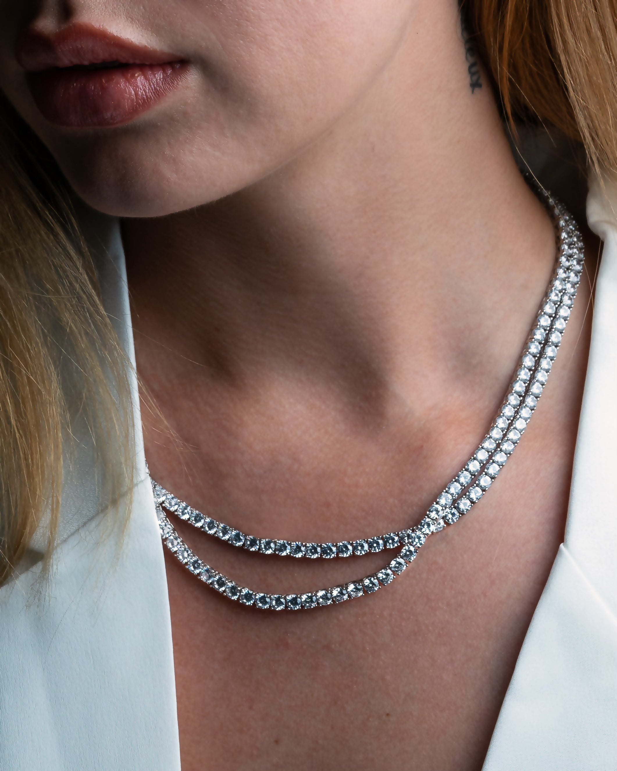 Cornelia Old Hollywood/It girl Rivière Necklace featuring 84 round-cut simulated diamonds set in refined silver, 18-inch length for bold elegance by Godfrey Allure