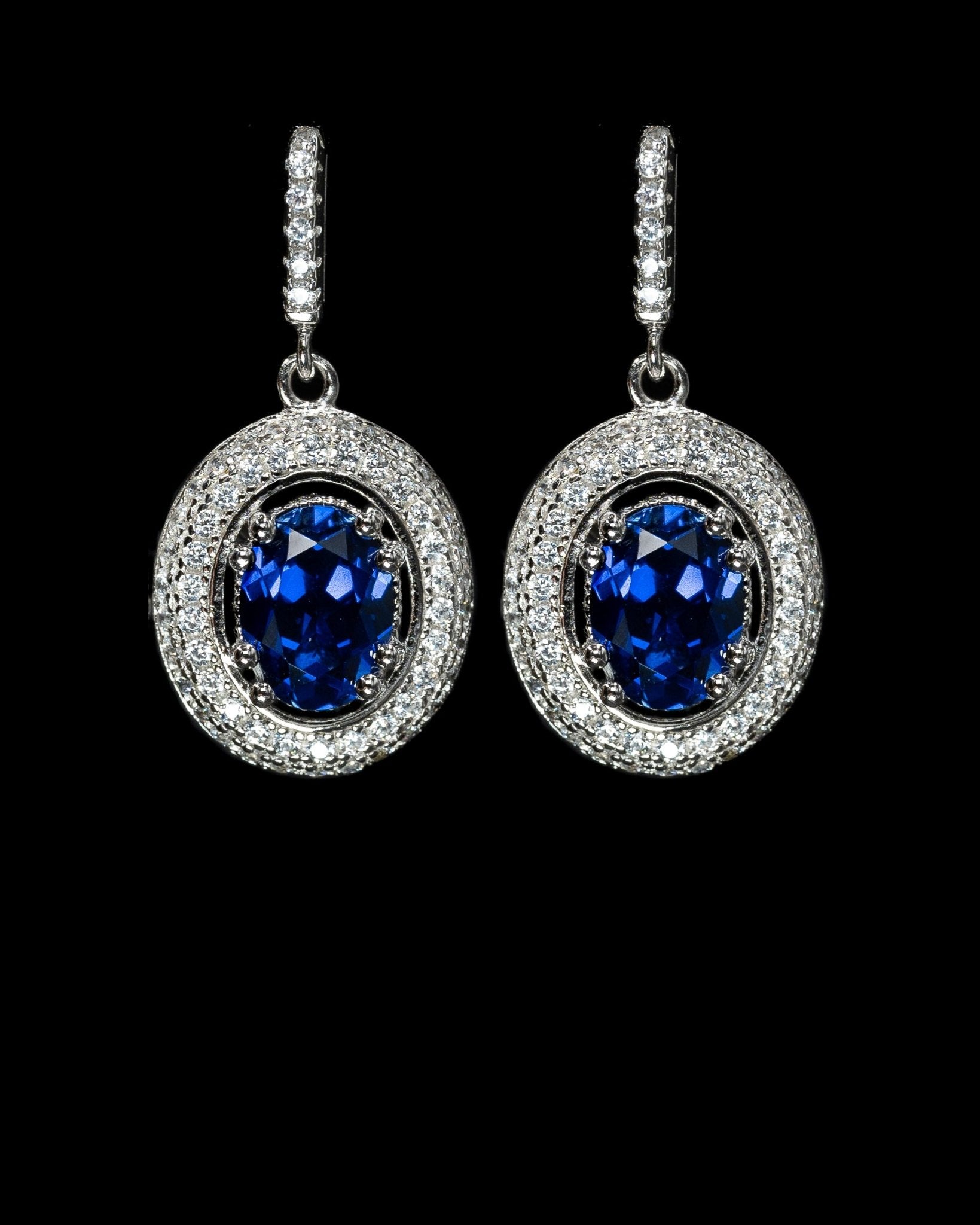 Brigida, Sterling Silver Drop Earrings with Created Sapphire and Halo of Simulated Diamonds