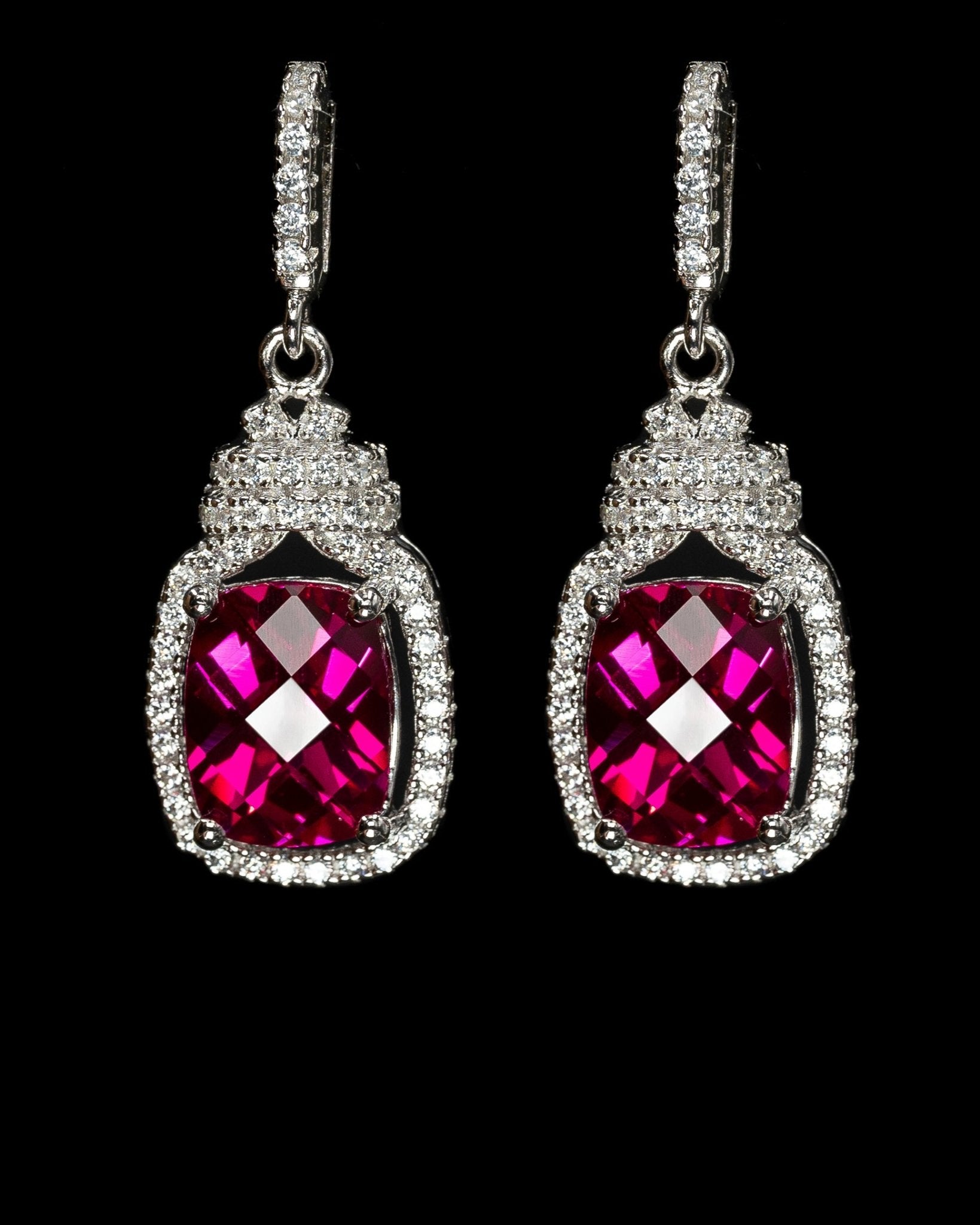 Dita, Sterling Silver Earrings with Created Ruby Center and Double Halo of Simulated Diamonds
