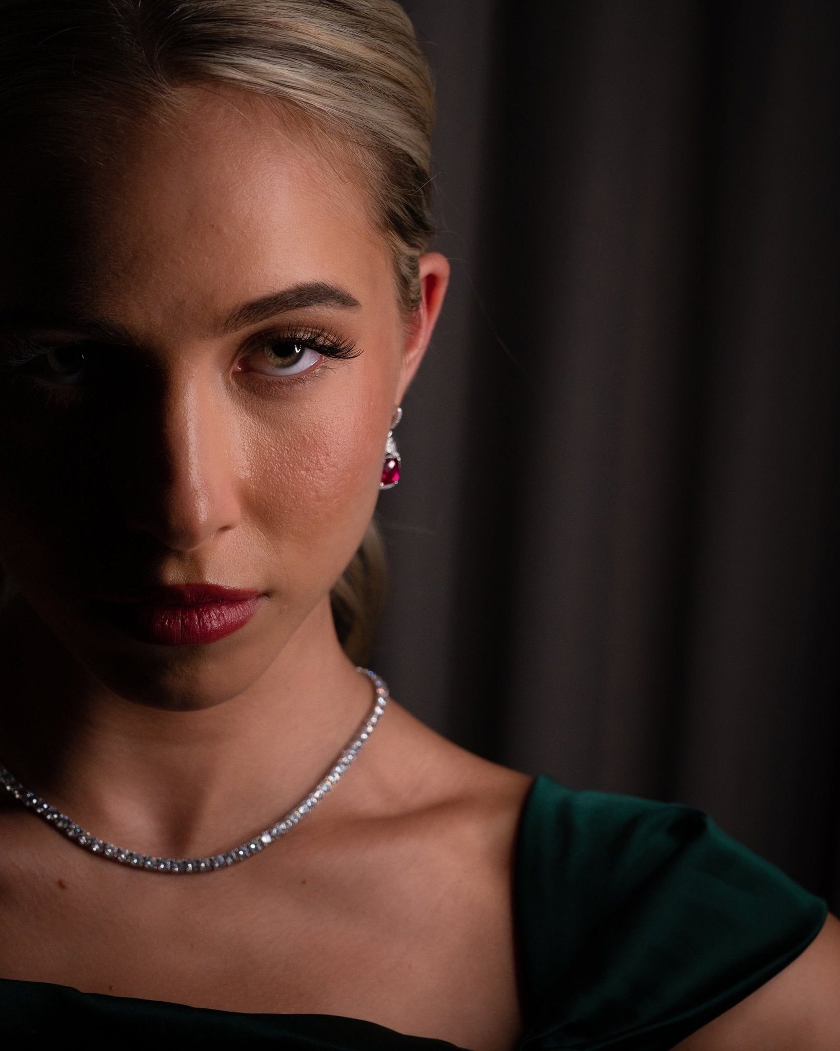 Dita, Sterling Silver Earrings with Created Ruby Center and Double Halo of Simulated Diamonds