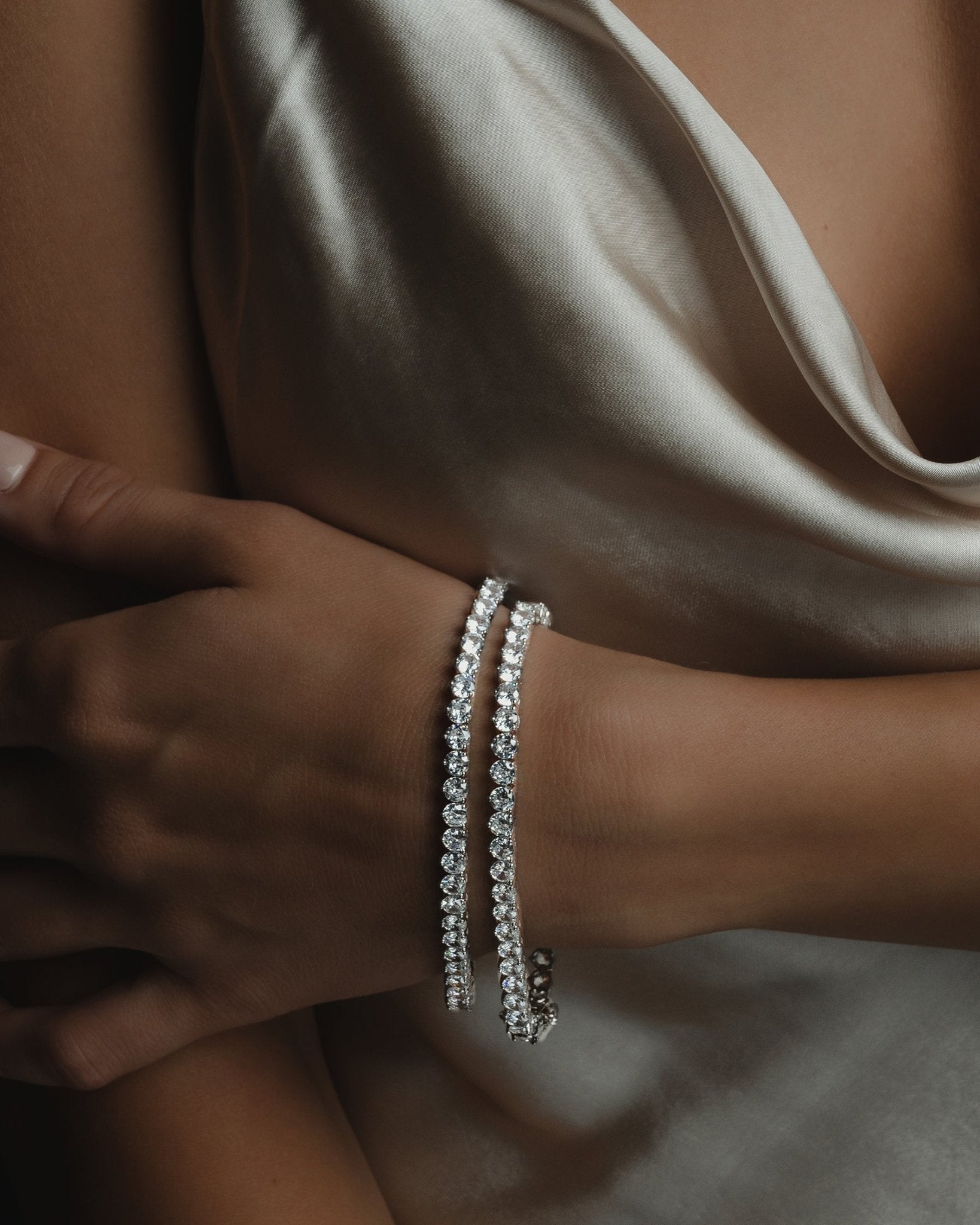 Irene Bracelet with round-cut simulated diamonds set in refined silver for Old Hollywood/it girl jewelry by Godfrey Allure
