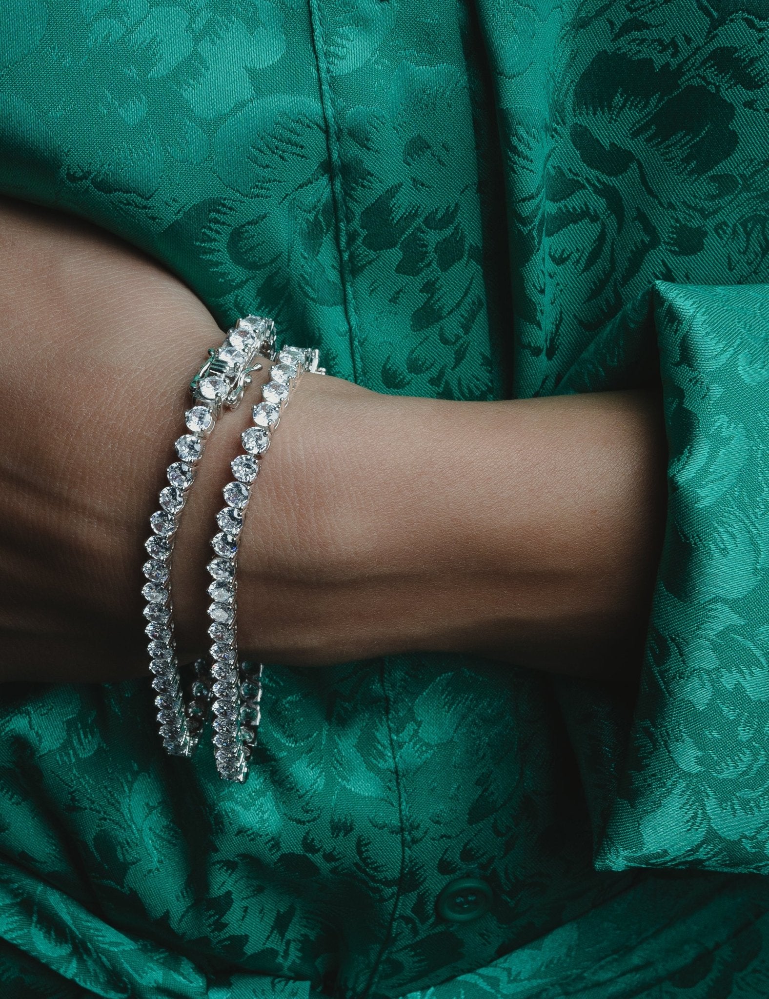 Irene Bracelet with round-cut simulated diamonds set in refined silver Old Hollywood/it girl jewelry by Godfrey Allure