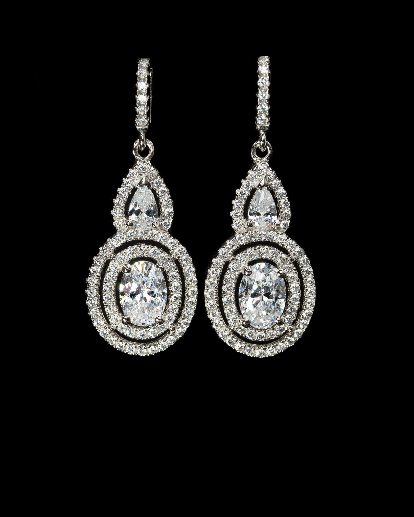 Josephine, Sterling Silver Drop Earrings with Two Simulated Diamond Center Stones and Pavé Accents