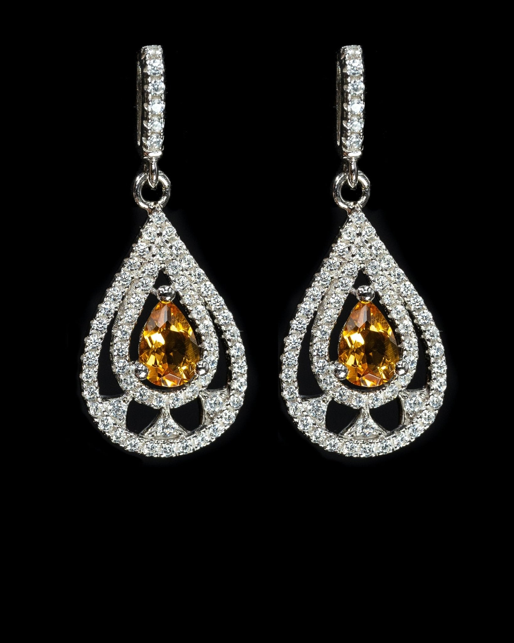 Paola, Sterling Silver Drop Earrings with Created Sapphire Center and Simulated Diamond Halo