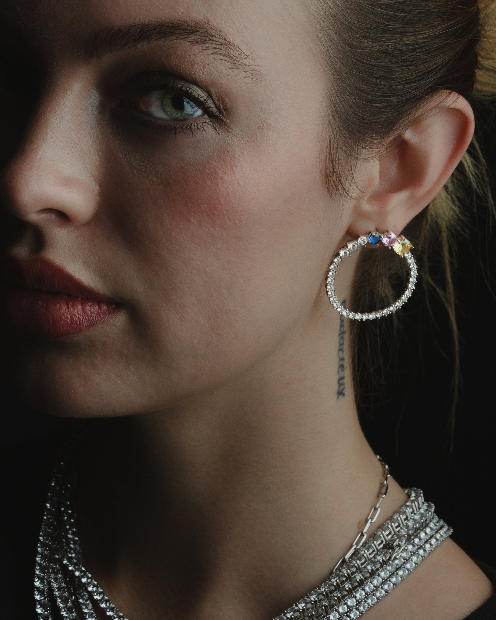 L’Amour earrings with colorful bezel-set simulated diamonds and clear accents in sterling silver, vintage-inspired design