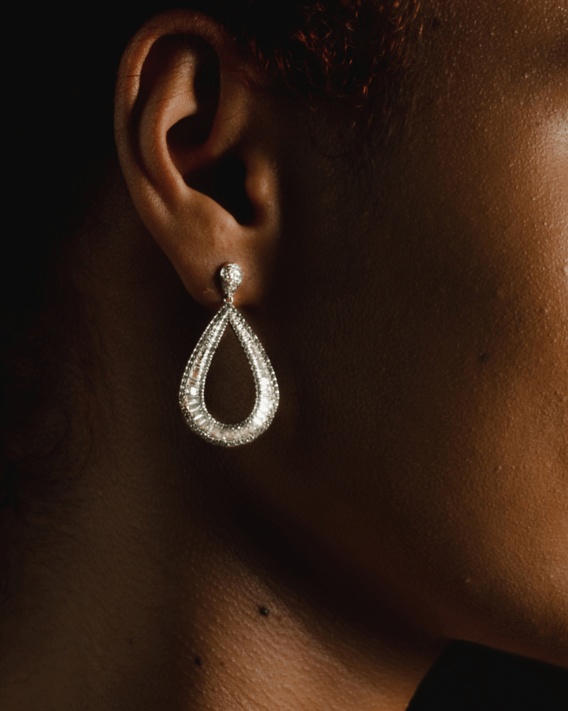 Velez Earrings with emerald and round cut simulated diamonds set in sterling silver for vintage-inspired elegance