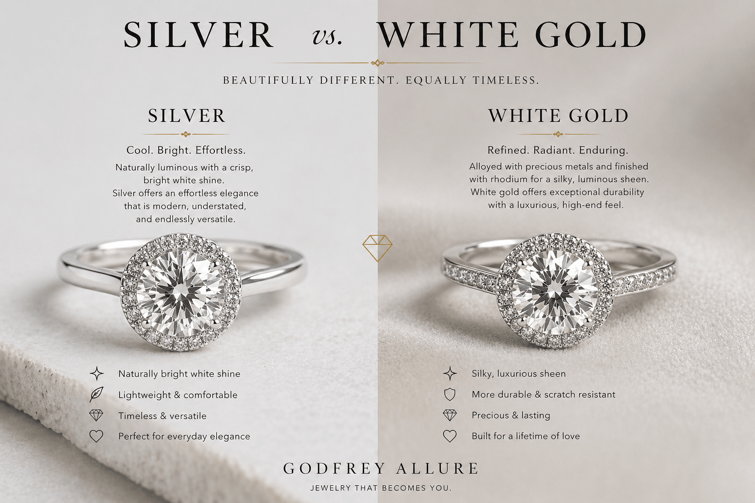 Sterling Silver vs. White Gold: A Complete Comparison - Godfrey Allure | Old Hollywood Sterling Silver Jewelry & Rivière Necklaces