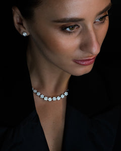 Brigitte Fleur  floral design refined silver rivière necklace with diamond fire sparkle Old Hollywood/it girl jewelry by Godfrey Allure/Allyure stones
