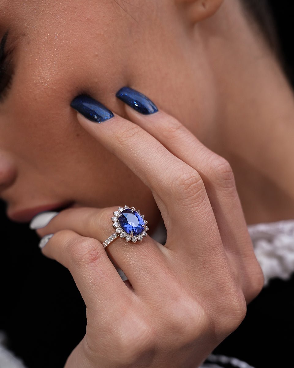Gardenia Noir Sapphire Halo Ring - Godfrey Allure | Old Hollywood Sterling Silver Jewelry & Rivière Necklaces