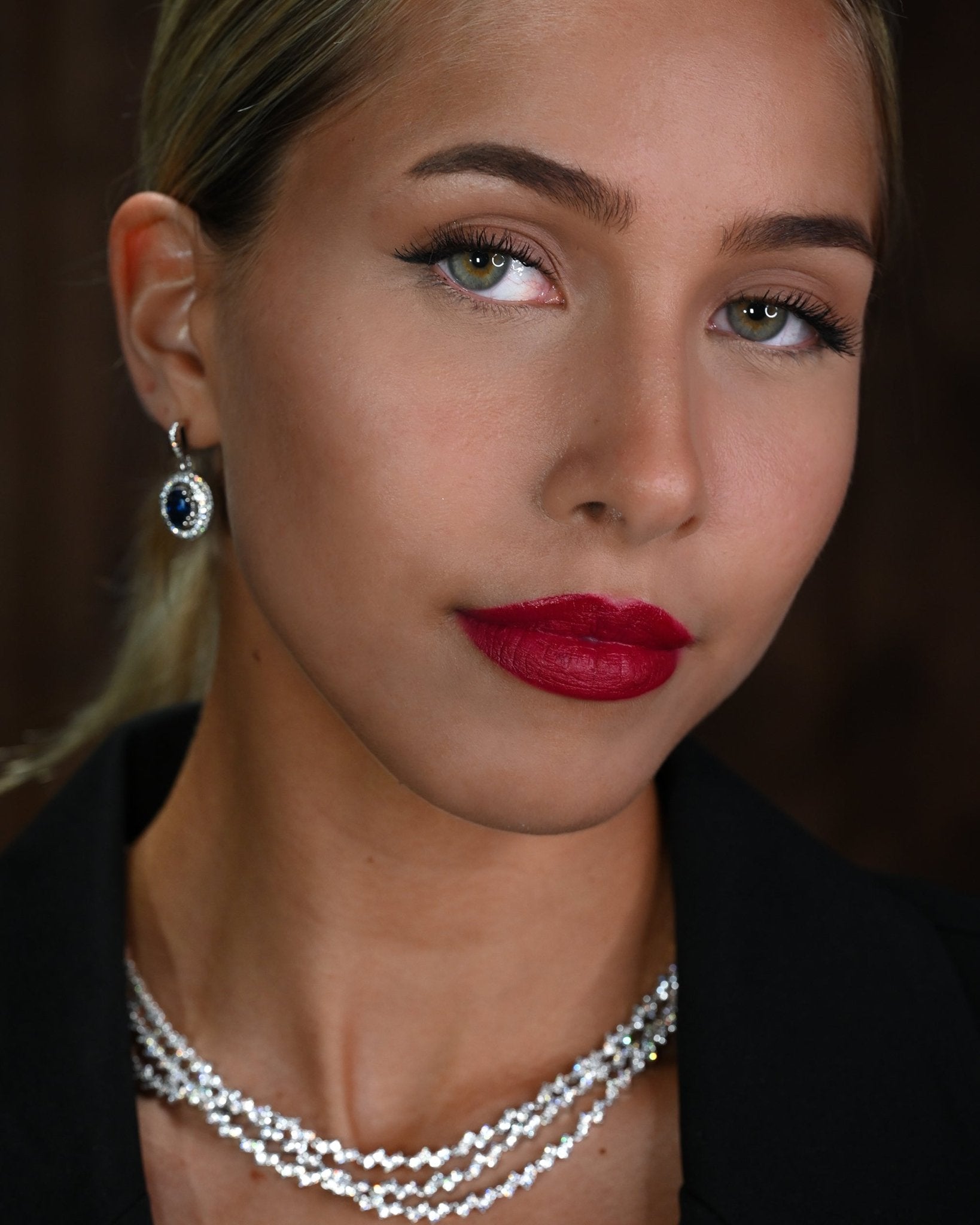 Brigida, Sterling Silver Drop Earrings with Created Sapphire and Halo of Simulated Diamonds