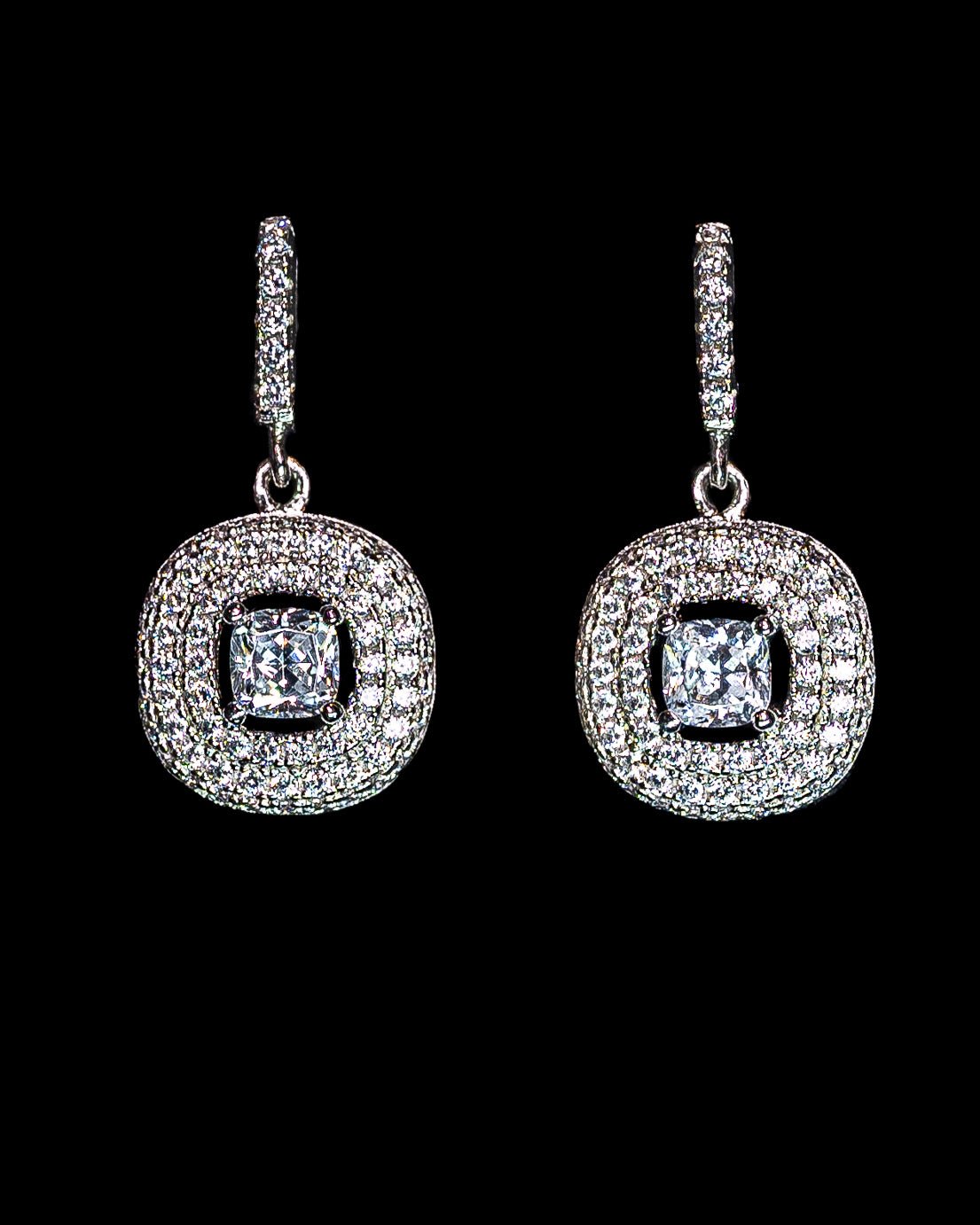 Clara, Cushion Cut Simulated Diamond Drop Earrings in Sterling Silver