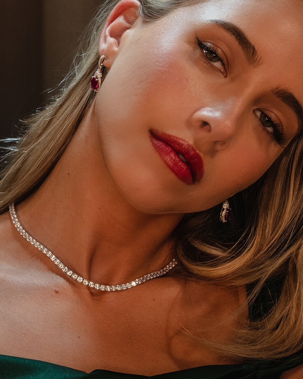 Dita, Sterling Silver Earrings with Created Ruby Center and Double Halo of Simulated Diamonds