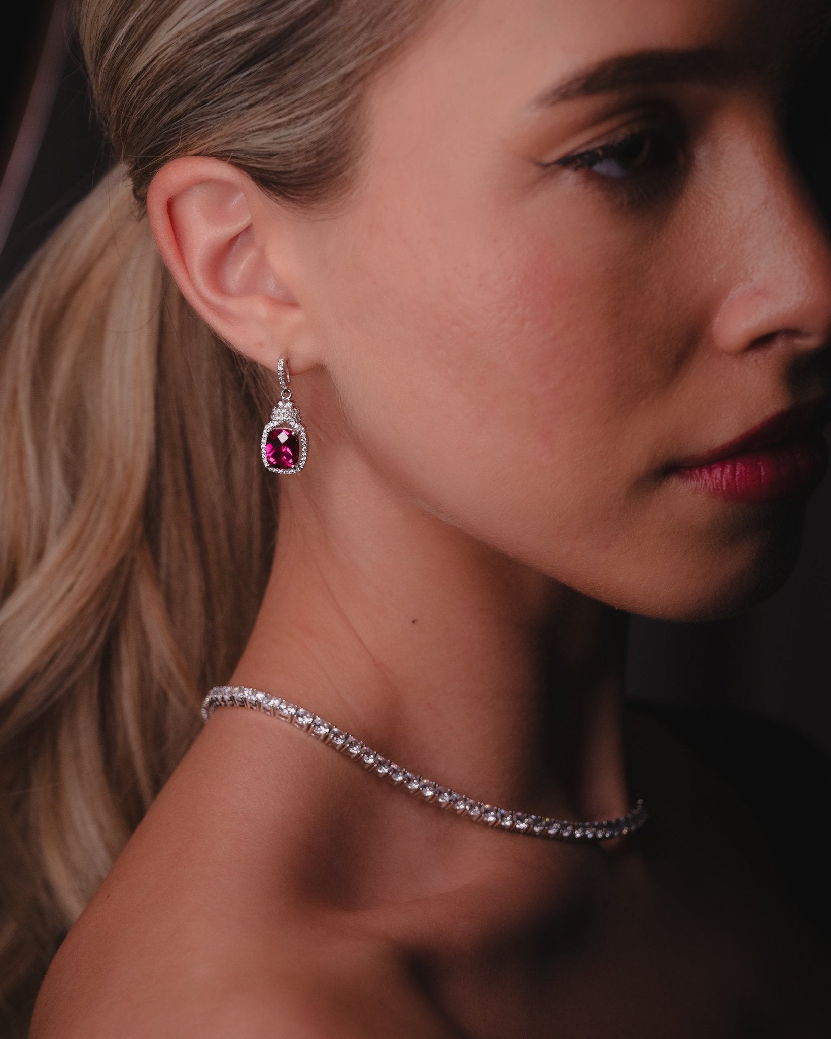 Dita, Sterling Silver Earrings with Created Ruby Center and Double Halo of Simulated Diamonds