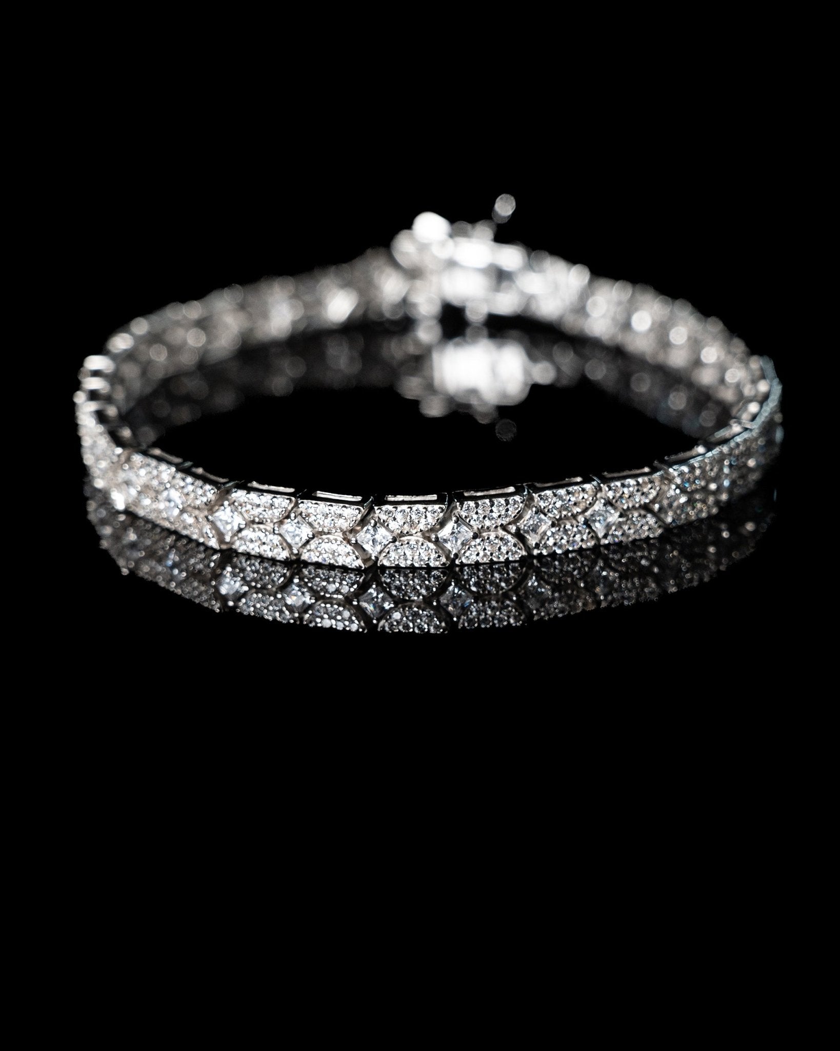 Dria Bracelet featuring chevron design with simulated pavé diamonds in sterling silver, 7-inch length, secure clasp