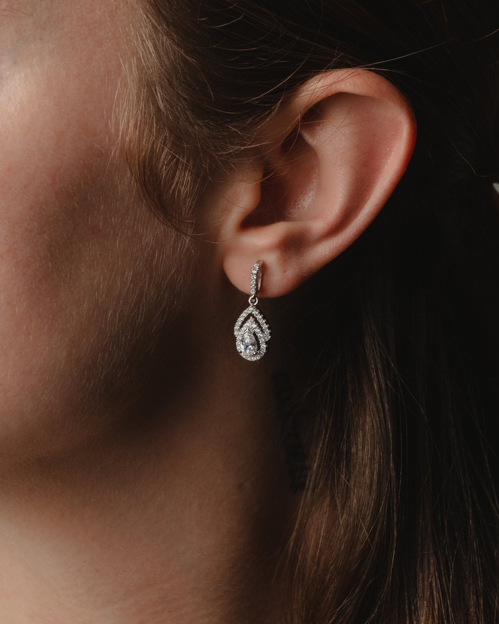 Ida, Sterling Silver Drop Earrings with Pear-Shaped Simulated Diamond and Pavé Accents