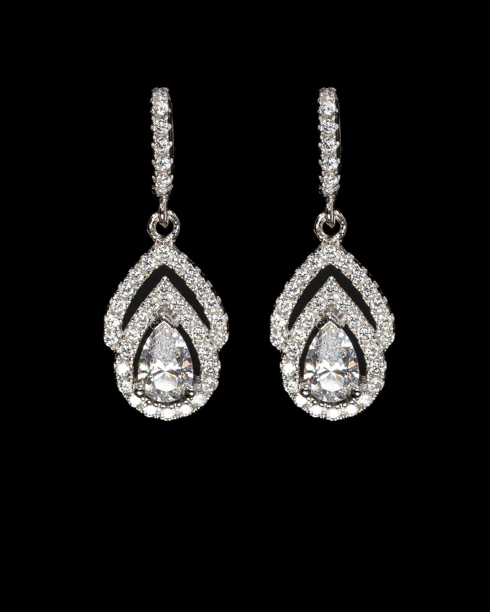 Ida, Sterling Silver Drop Earrings with Pear-Shaped Simulated Diamond and Pavé Accents