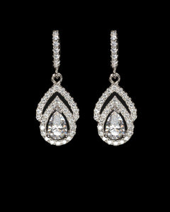 Ida, Sterling Silver Drop Earrings with Pear-Shaped Simulated Diamond and Pavé Accents