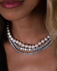 Irene Riviere Necklace with 111 round simulated diamonds, 18” sterling silver chain, secured in classic prong settings