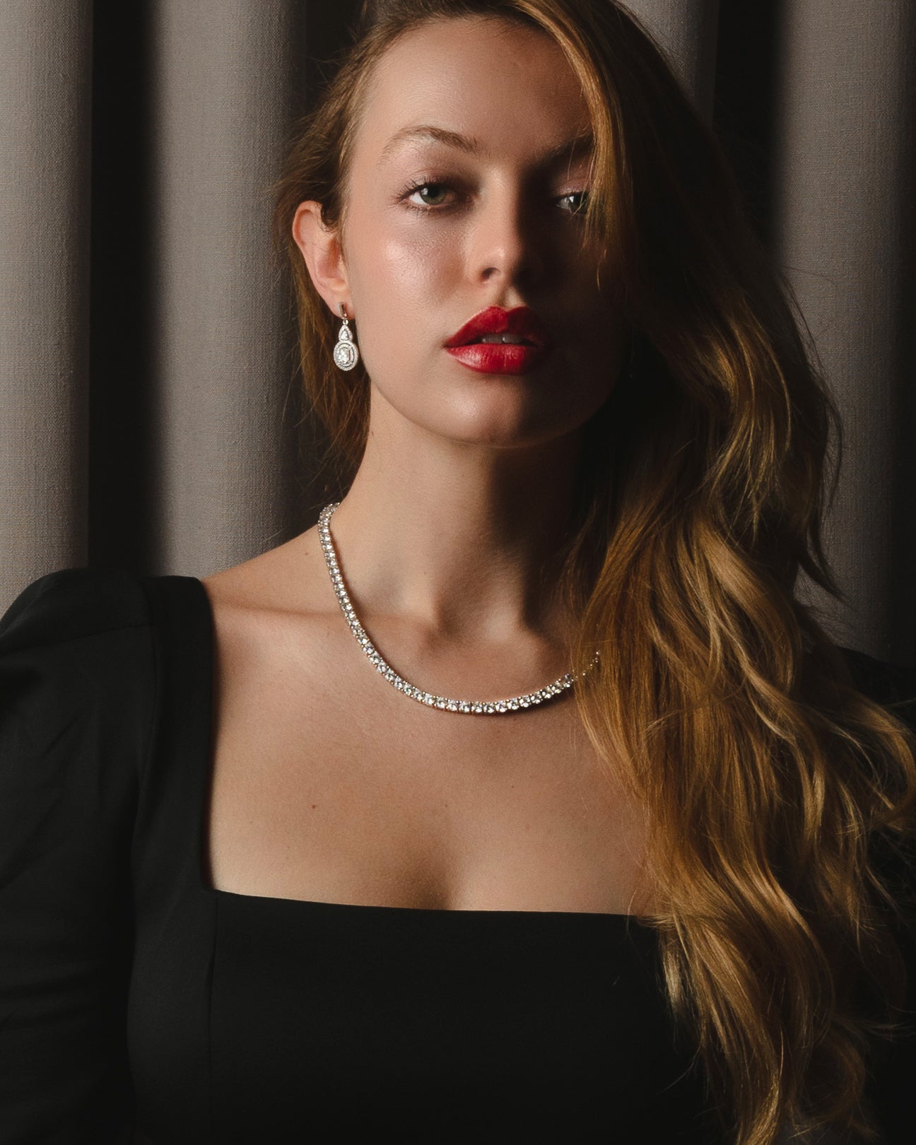 Josephine, Sterling Silver Drop Earrings with Two Simulated Diamond Center Stones and Pavé Accents