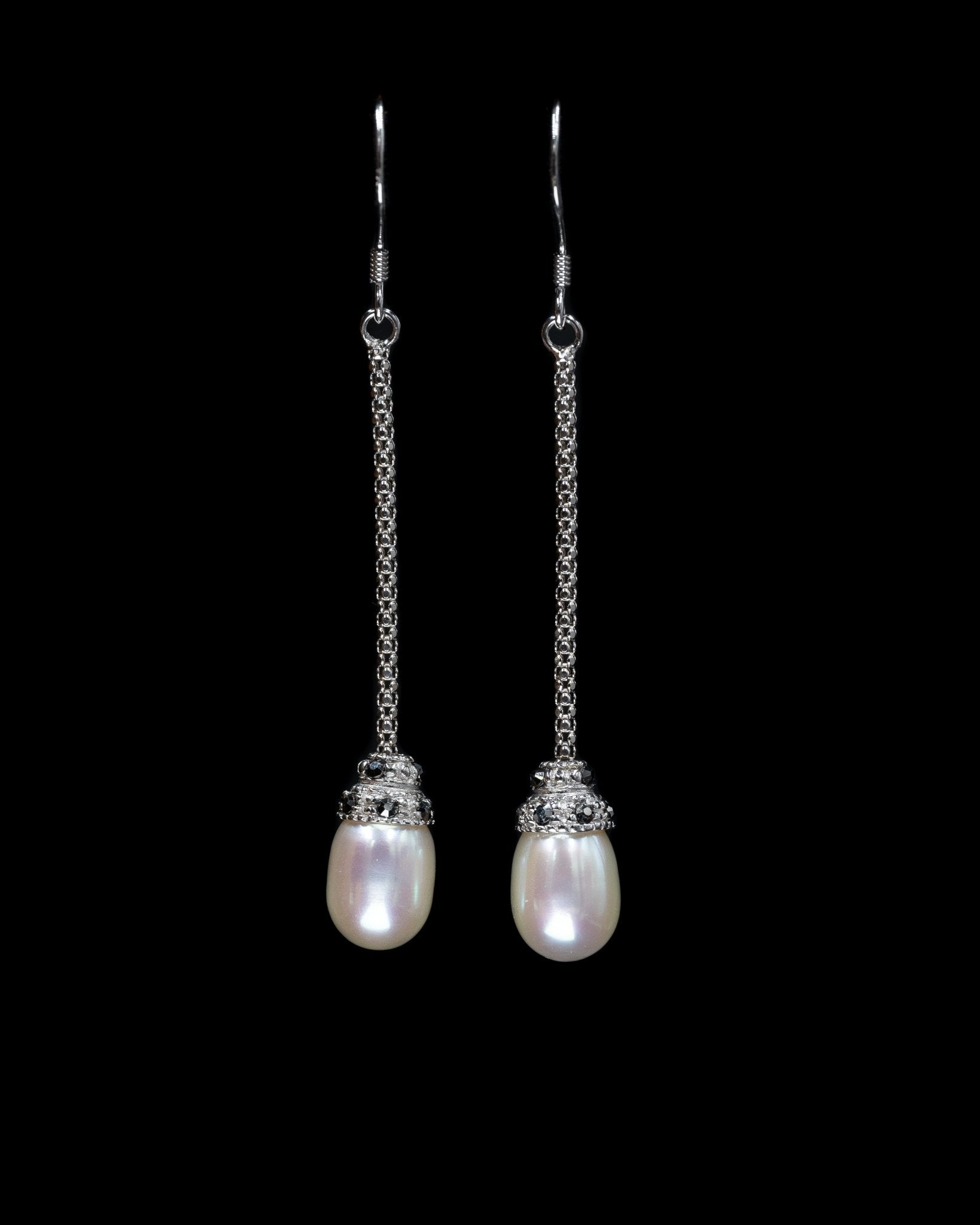 Lupino, Sterling Silver Drop Earrings with Freshwater Pearls and Black & Clear Simulated Diamond Accents