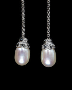 Lupino, Sterling Silver Drop Earrings with Freshwater Pearls and Black & Clear Simulated Diamond Accents