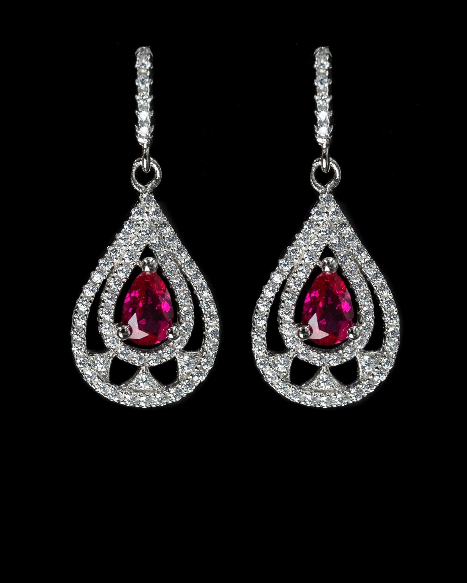 Paola, Sterling Silver Drop Earrings with Created Sapphire Center and Simulated Diamond Halo