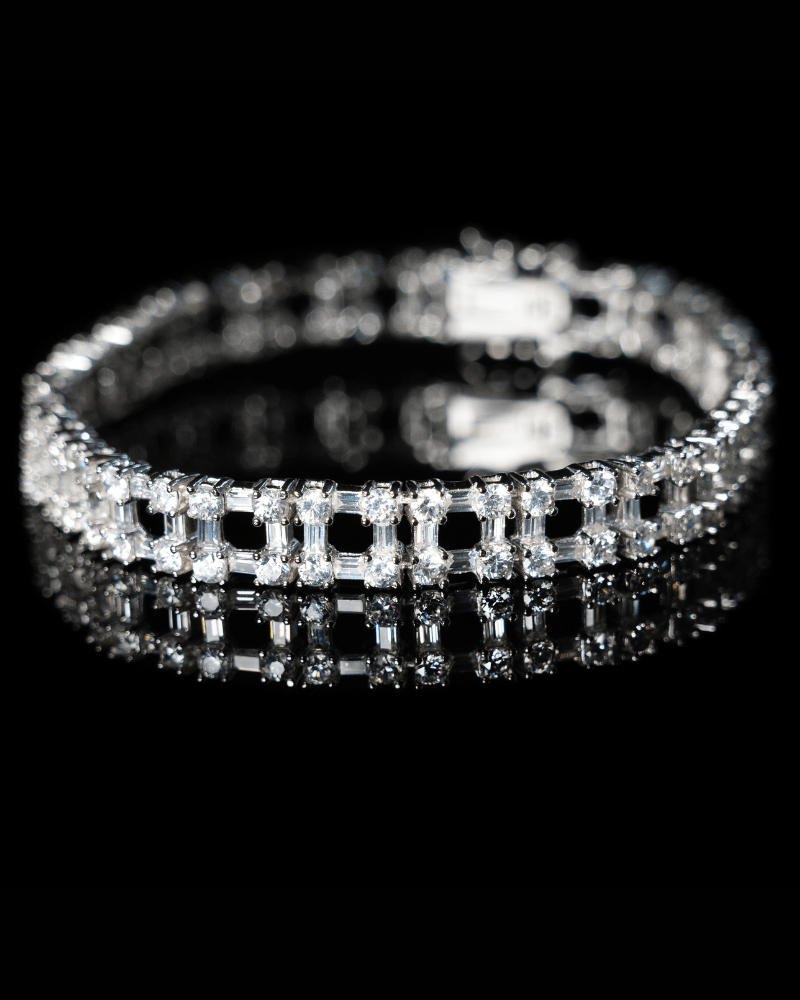 Silvi Bracelet featuring emerald-cut simulated diamonds set in polished sterling silver for a bold, elegant look